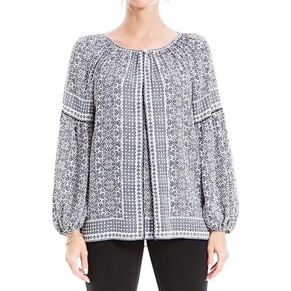 Max Studio Women's Long Sleeve Inverted Pleat Front Blouse Ivory/Blue/Blk Sz 1X - Picture 1 of 7